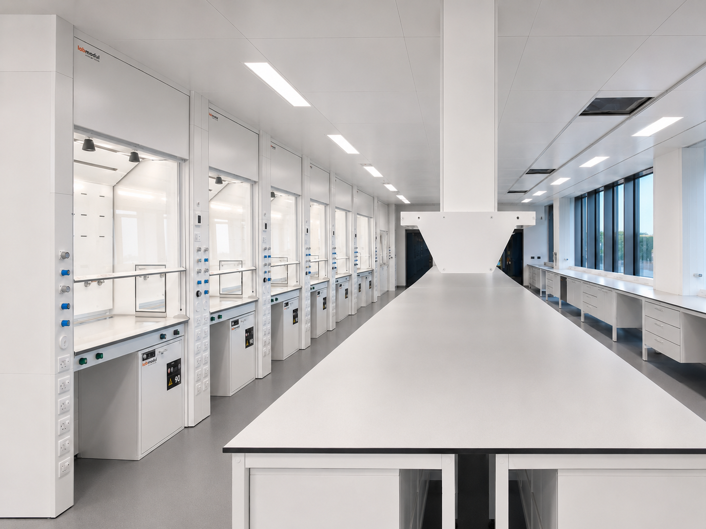 Bright laboratory interior with fume hoods